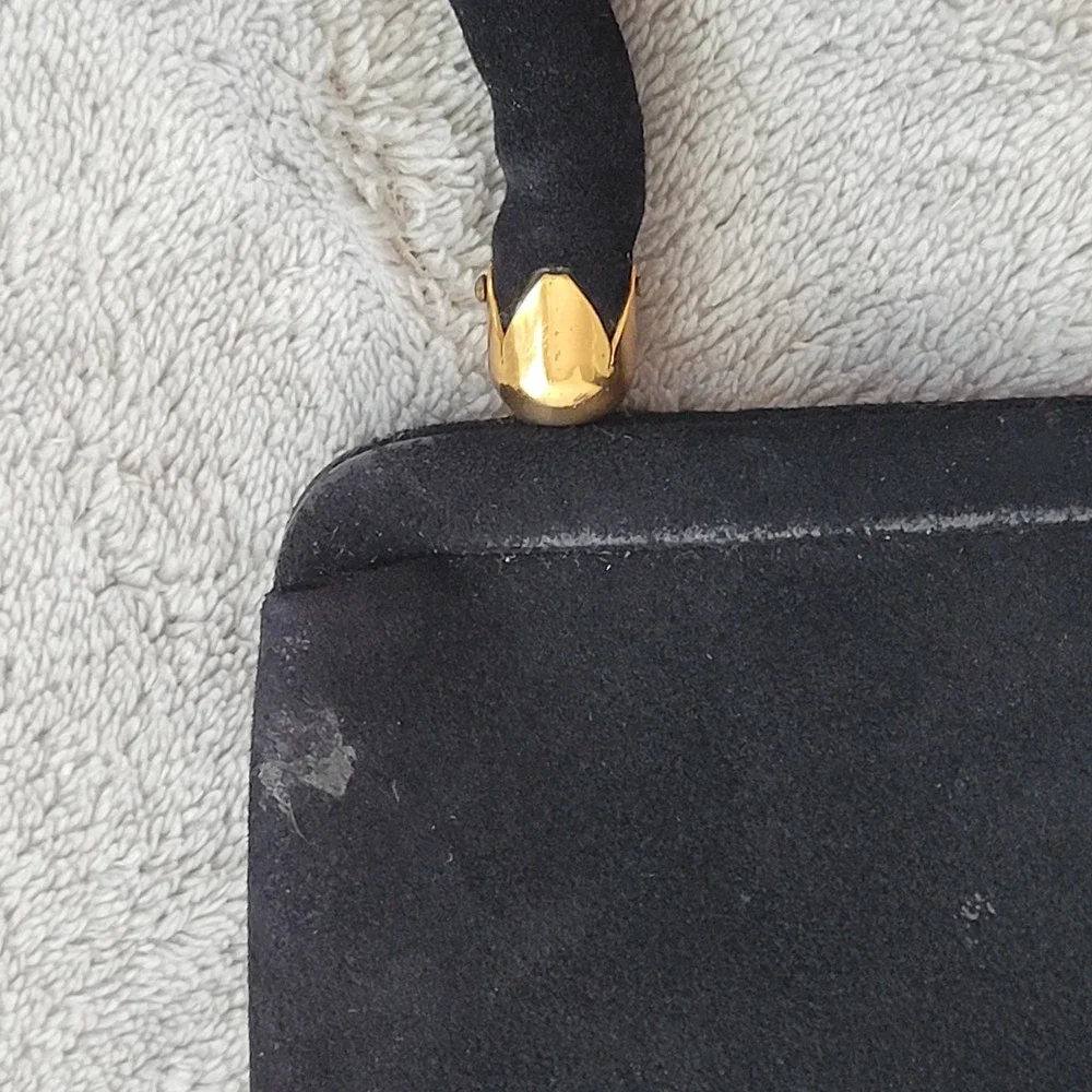 Vintage 60s Coblentz perma‎ suede black satchel handbag purse gold rose detail